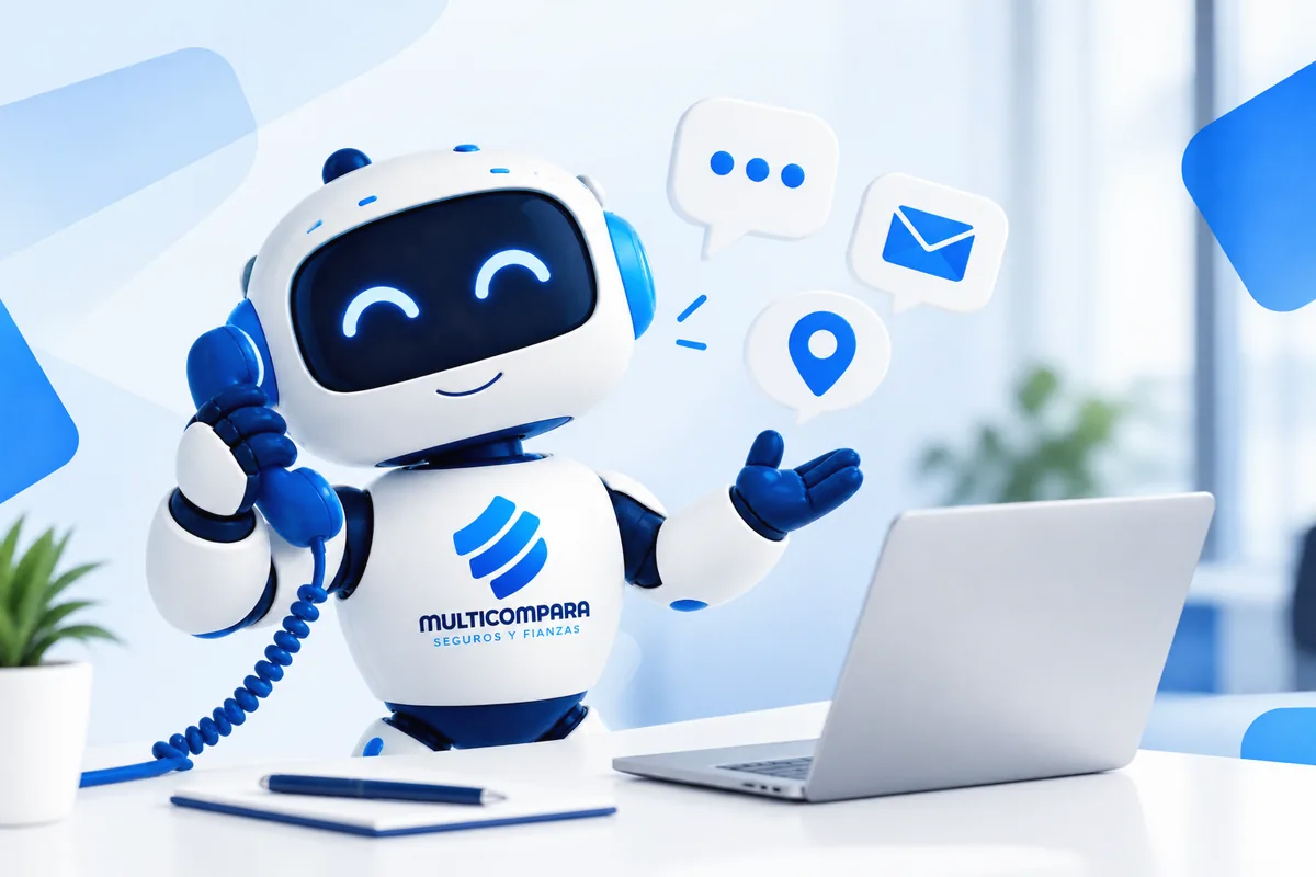 Robot Multi de Multicompara hablando por teléfono junto a una computadora