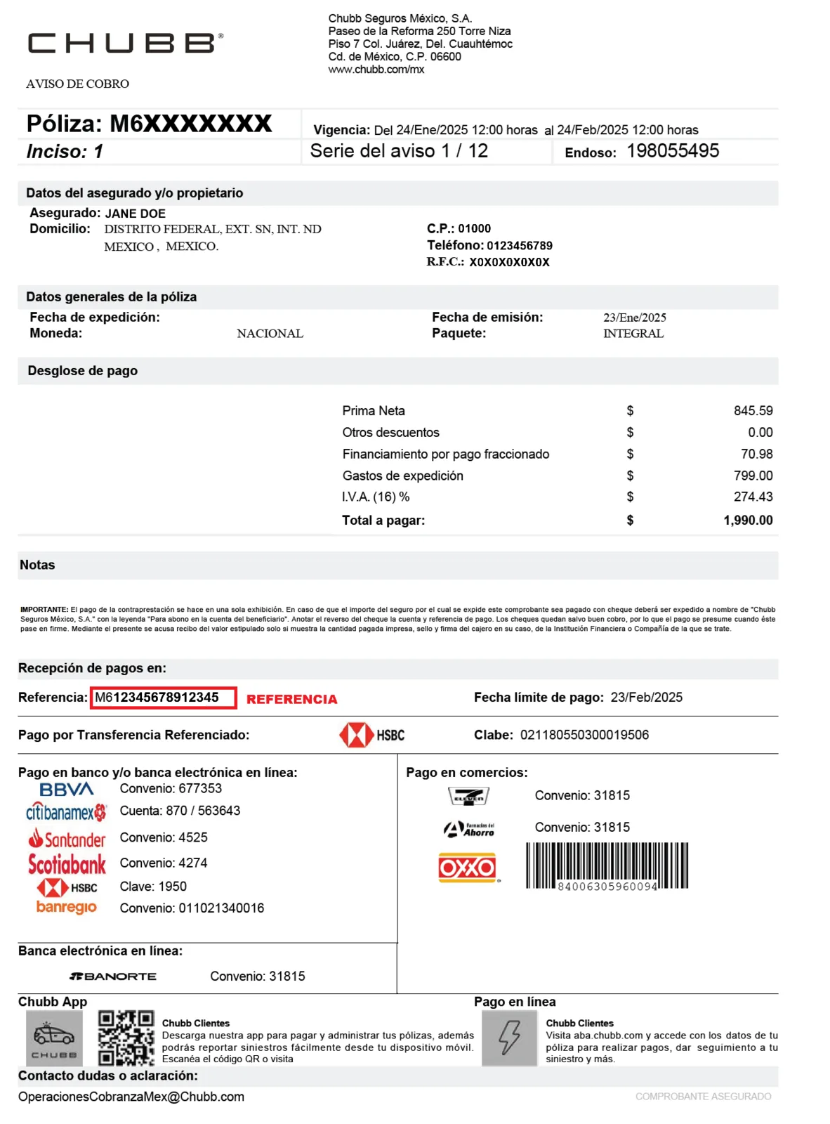 Aquí puedes encontrar la referencia: CHUBB SEGUROS MÉXICO, S.A.