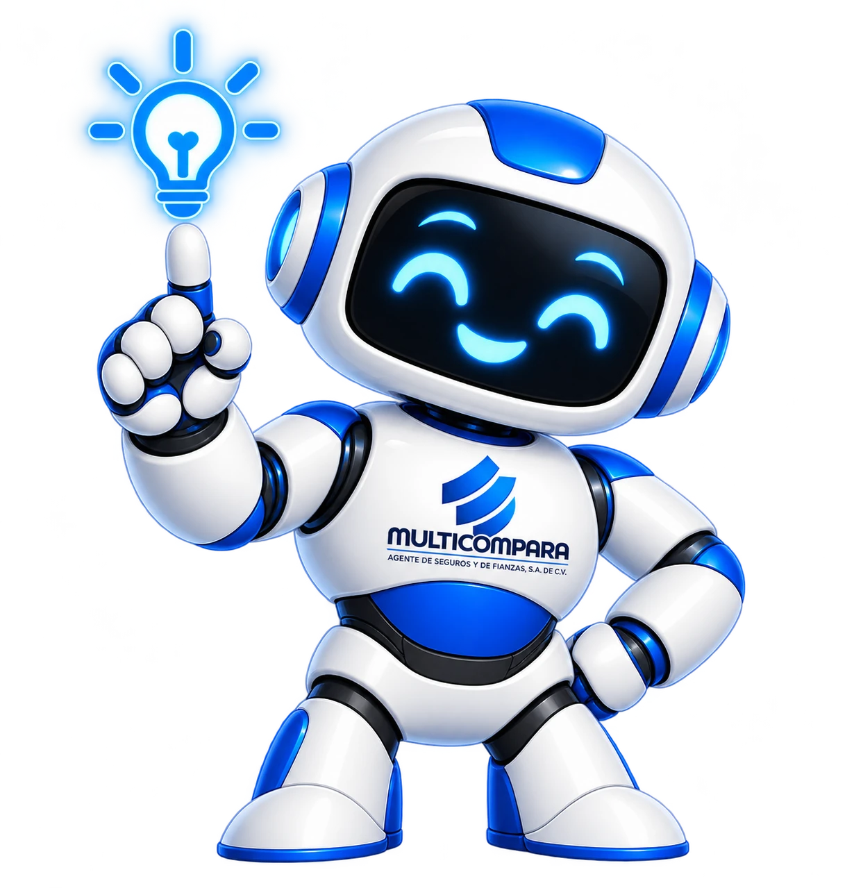 Robot de Multicompara señalando una bombilla encendida